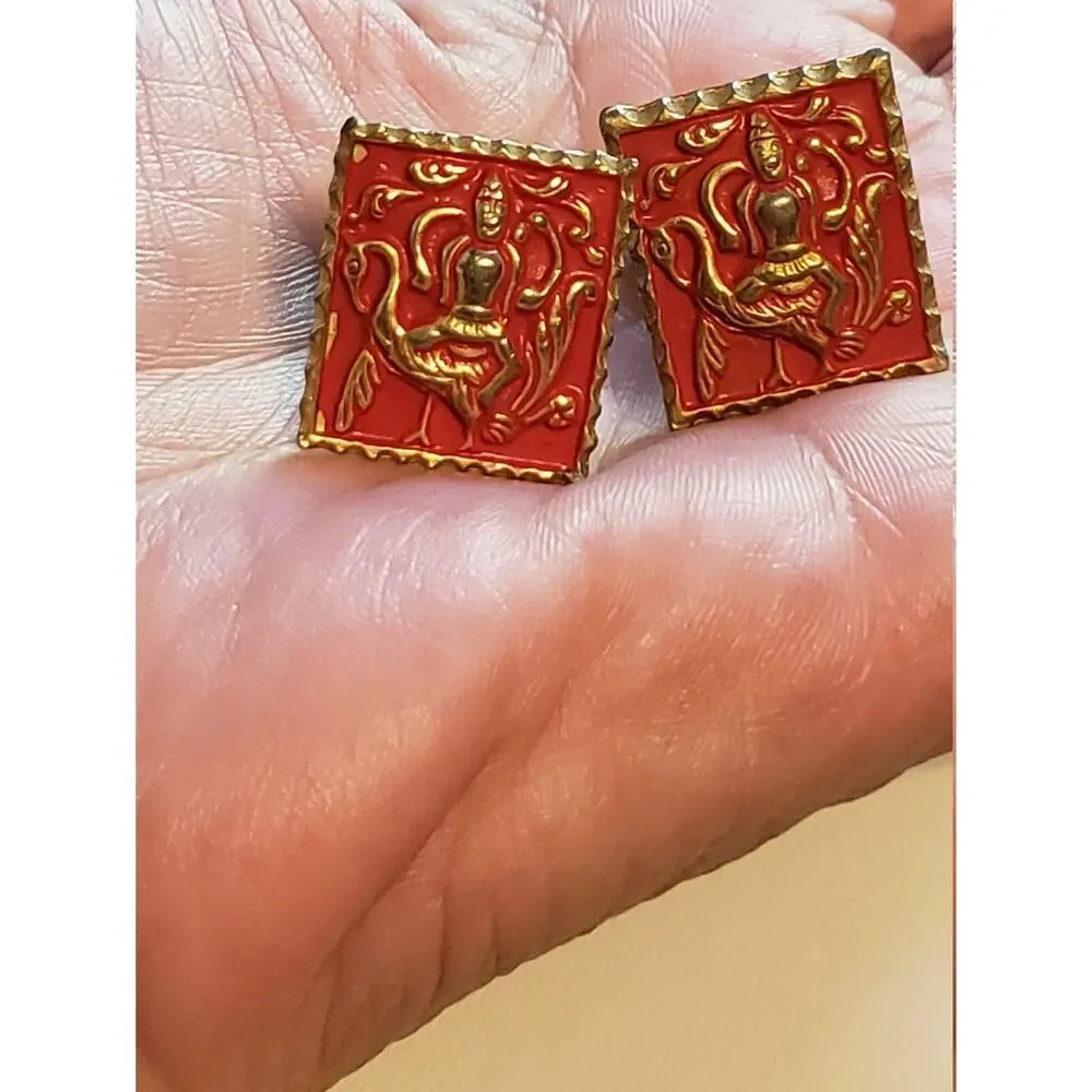 Beautiful‎ Goddess & Swan Red Cuff Links Enamel Unisex Oriental Asian Motif cl-